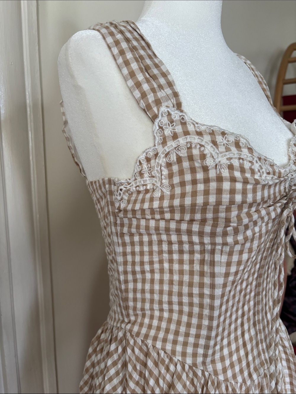 NWT S For Love & Lemons That’s Amor tan Gingham Mini Dress sweetheart corset - Picture 5 of 12